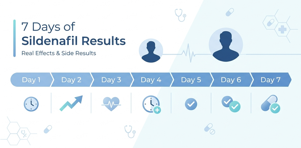 Minimal 7-day sildenafil results timeline showing improved performance, timing effects, and mild side effects in a clean medical design.