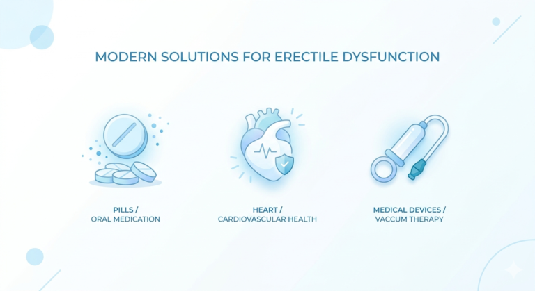 Minimal ED solutions illustration with pills, heart health and treatment icons