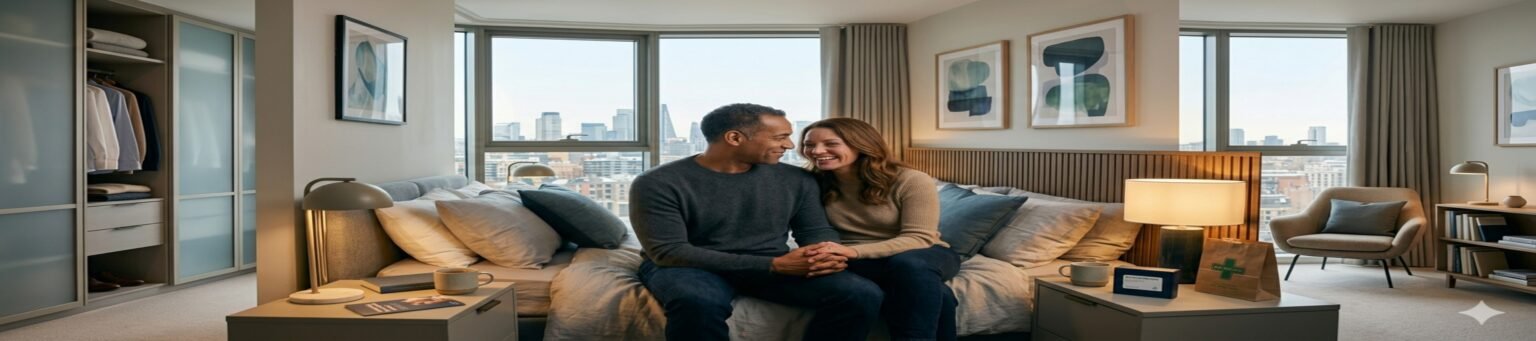 Couple smiling together on bed representing improved intimacy and confidence with ED treatment