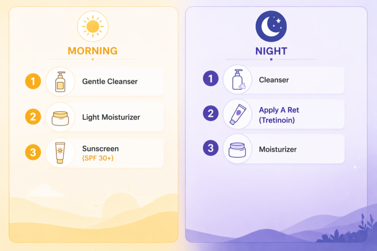 Best Treatment for Acne That Actually Works Morning and night skincare routine infographic showing cleanser, moisturizer, sunscreen in the morning and tretinoin routine at night for acne treatment