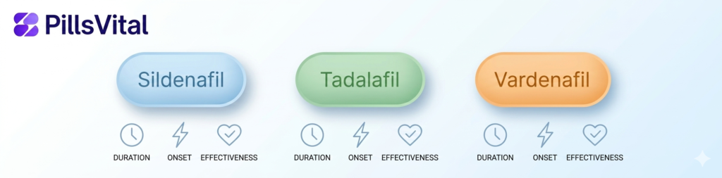 Minimal infographic showing Sildenafil, Tadalafil, and Vardenafil pills with icons for duration and effectiveness