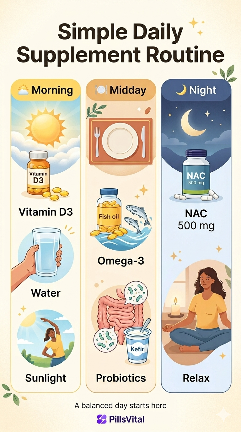 health supplements routine morning to night plan for daily energy, balance, and recovery