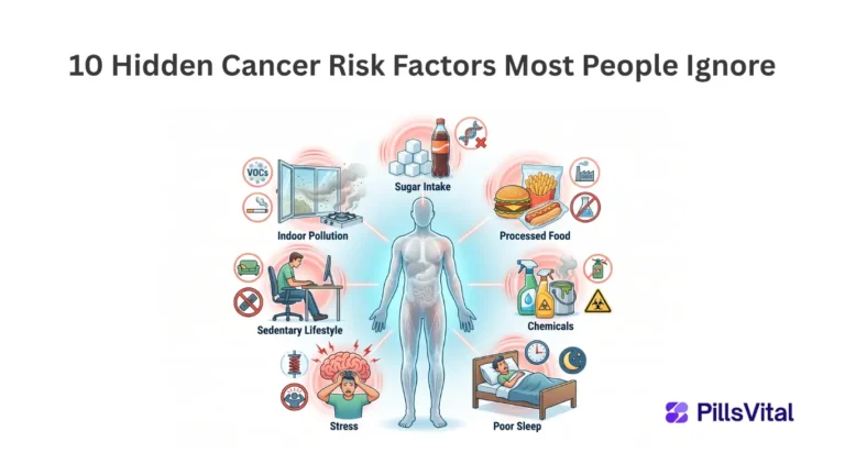 Hidden cancer risk factors including stress, processed food, pollution, poor sleep, and unhealthy lifestyle habits