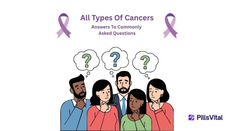 People asking common questions about different types of cancer with awareness ribbons and PillsVital branding