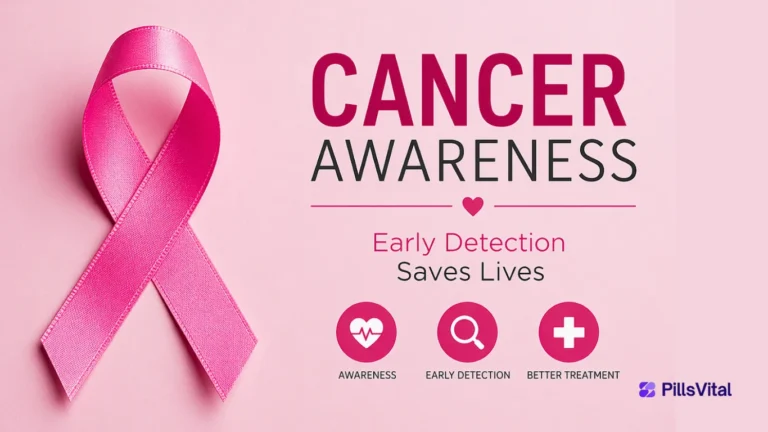 Pink cancer awareness ribbon with message “Early Detection Saves Lives” and cancer awareness icons by PillsVital