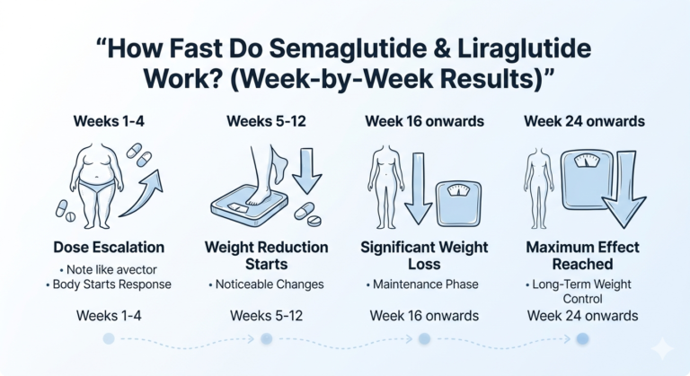 How Fast Do Semaglutide & Liraglutide Work? (Week-by-Week Results) Minimal medical infographic with doodle icons showing semaglutide and liraglutide weight loss timeline and week-by-week results