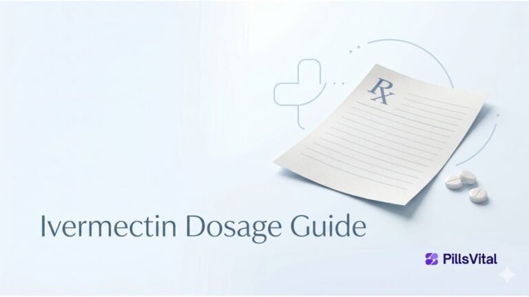 Minimal ivermectin dosage guide blog image with tablets and soft healthcare background.