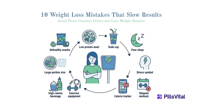10 common weight loss mistakes that slow results including poor diet, lack of exercise, inadequate sleep, and unhealthy habits.