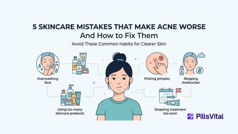 Flat vector illustration showing five common skincare mistakes that make acne worse, including overwashing, picking pimples, overusing acne products, skipping moisturizer, and stopping treatment too early.