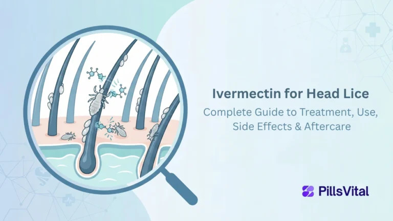Flat vector illustration of head lice on human scalp showing lice and nits with ivermectin treatment concept for head lice removal and aftercare guide