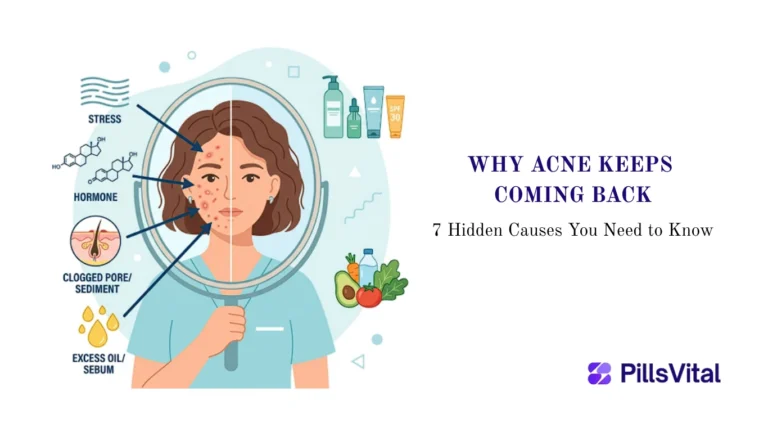 Why acne returns after treatment illustration showing hormonal acne, excess oil production, stress triggers, clogged pores, and skincare factors that cause recurring breakouts.