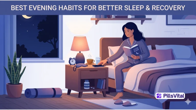 Flat vector illustration showing the best evening habits for better sleep and overnight recovery, including reading, herbal tea, and a relaxing bedtime routine.
