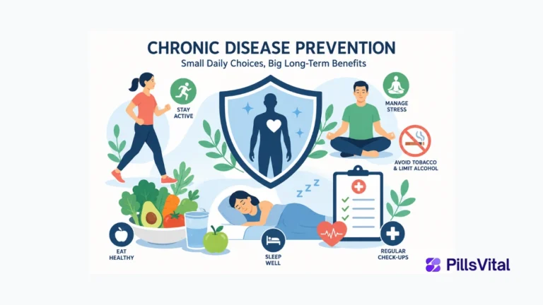How to Prevent Chronic Diseases Naturally: Science-Backed Guide Flat vector illustration showing chronic disease prevention through healthy eating, exercise, quality sleep, stress management, regular checkups, and metabolism support.