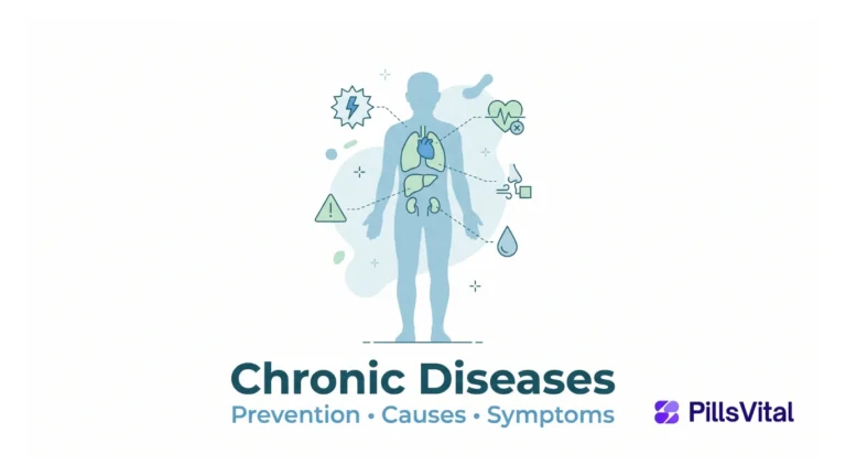 What Are Chronic Diseases? Causes, Types, Symptoms & Prevention Guide Minimal flat vector illustration of chronic diseases showing human body with affected organs like heart, lungs, liver, and kidneys