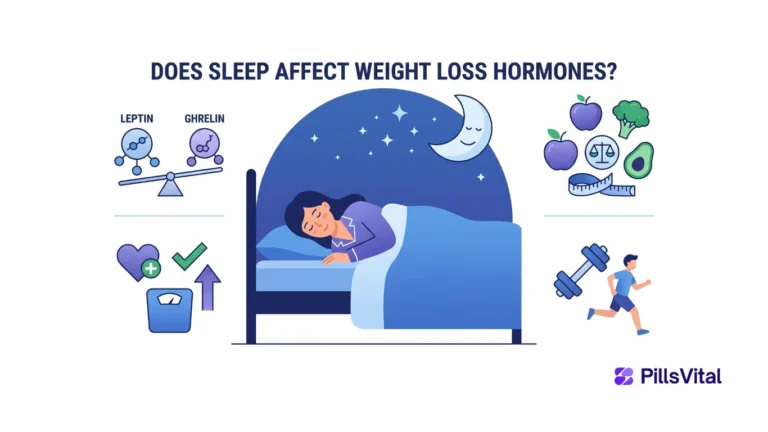 Flat vector illustration showing how sleep affects weight loss hormones leptin and ghrelin that control hunger and appetite