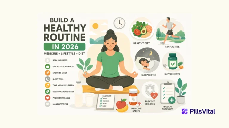 Healthy Routine Guide 2026 flat vector illustration showing hydration, healthy diet, exercise, sleep, medication safety, supplements, and disease prevention.