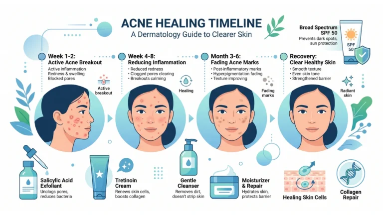 Acne healing timeline illustration showing recovery stages from active acne and inflammation to fading acne marks and clear skin.