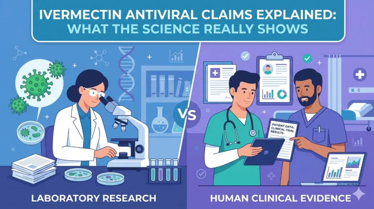 Ivermectin Antiviral Claims Explained: What the Science Really Shows flat vector illustration comparing laboratory studies and human clinical evidence.