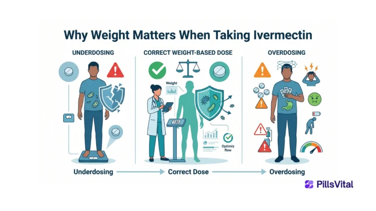 Flat vector illustration showing ivermectin weight based dosing with underdosing, correct dosing, and overdosing scenarios for safe medication use.