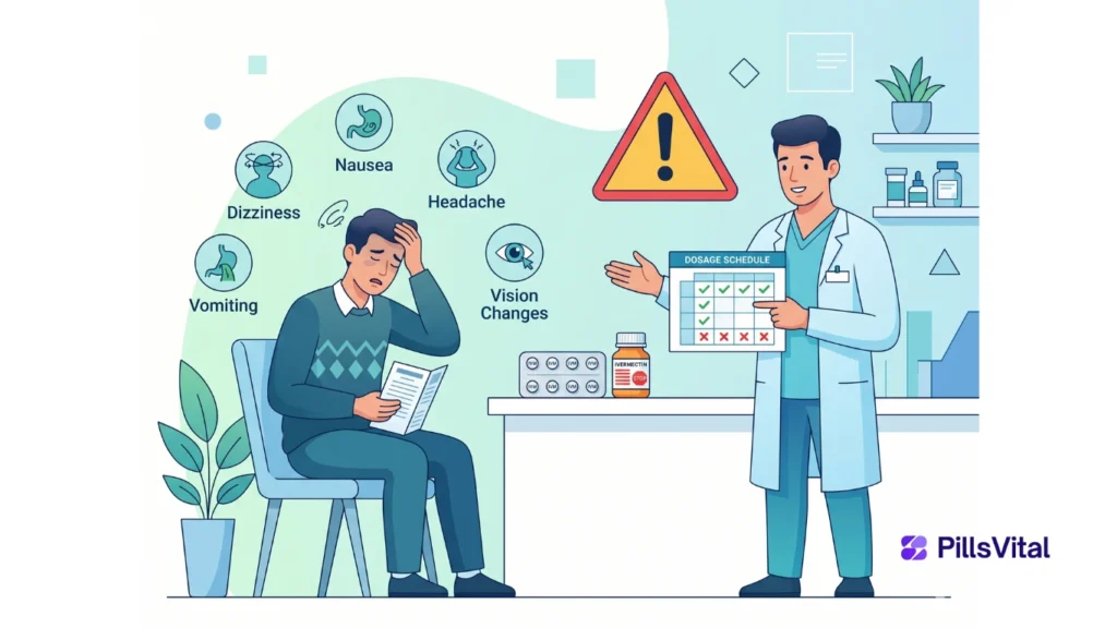 Professional healthcare illustration showing warning signs of ivermectin overuse, medication safety awareness, and proper dosage guidance.