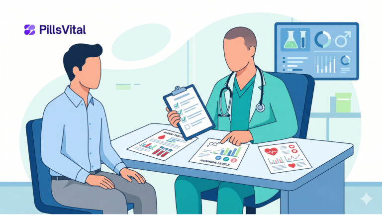 Doctor evaluating erectile dysfunction diagnosis through blood tests hormone testing and cardiovascular health assessment
