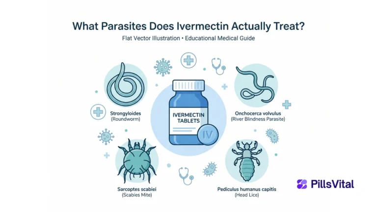 Flat vector illustration showing parasites treated by ivermectin including strongyloidiasis, river blindness, scabies, and head lice.