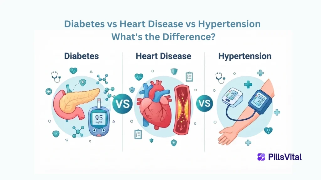 Diabetes vs Heart Disease vs Hypertension: What's the Difference? Flat vector illustration comparing diabetes, heart disease, and hypertension with simple medical icons and infographic design.