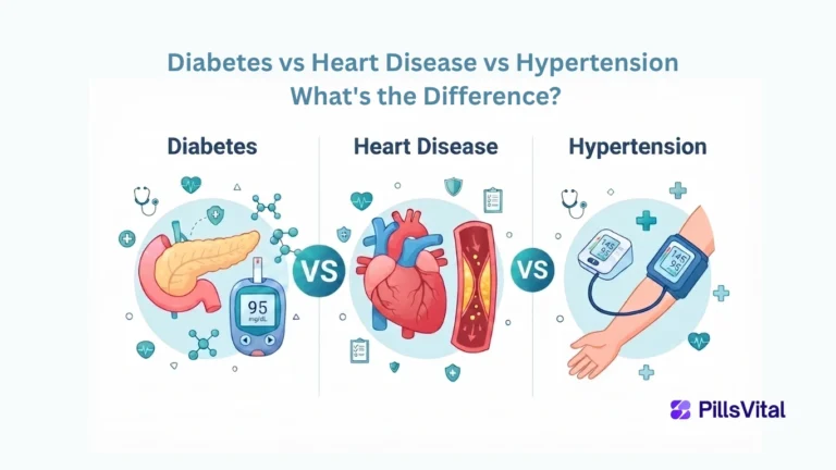 Flat vector illustration comparing diabetes, heart disease, and hypertension with simple medical icons and infographic design.