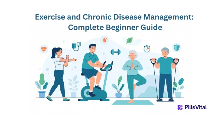 Exercise and chronic disease management illustration showing beginners walking, cycling, yoga, and strength training for better heart health and weight management.