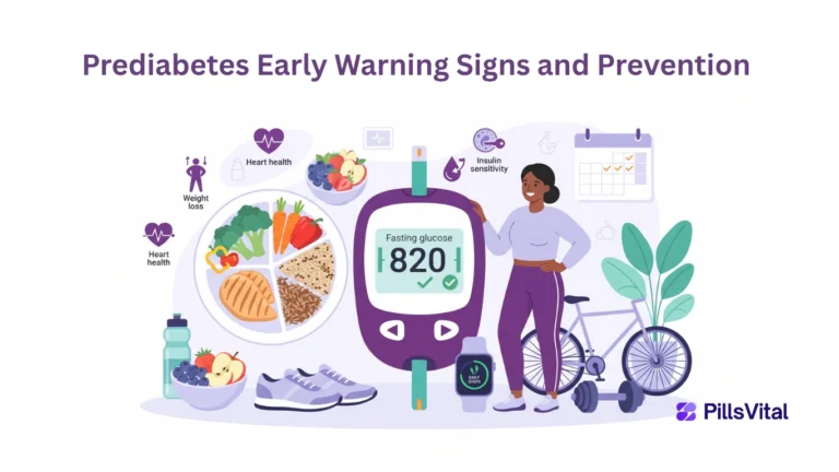 Flat vector illustration showing healthy foods, exercise, blood glucose monitoring, and lifestyle changes to help prevent prediabetes and reduce the risk of type 2 diabetes.