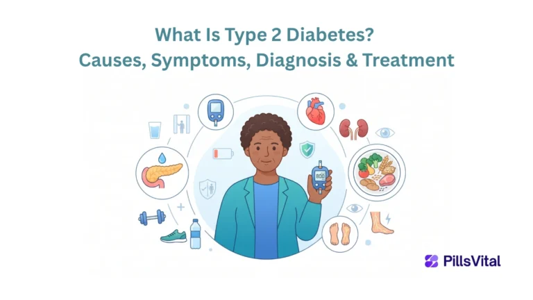 Flat vector illustration showing Type 2 diabetes management with a blood glucose meter, healthy lifestyle icons, pancreas, heart, kidneys, eyes, balanced diet, exercise, medication, and prevention symbols.