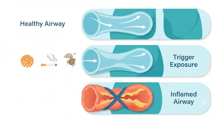 Flat vector infographic comparing healthy airways with inflamed asthma airways after trigger exposure.