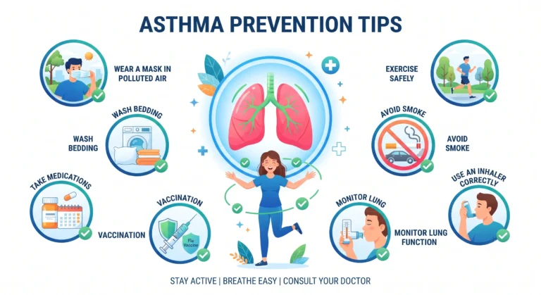 Healthcare infographic showing avoiding smoke, managing allergies, exercise, vaccinations, and inhaler use for asthma prevention.
