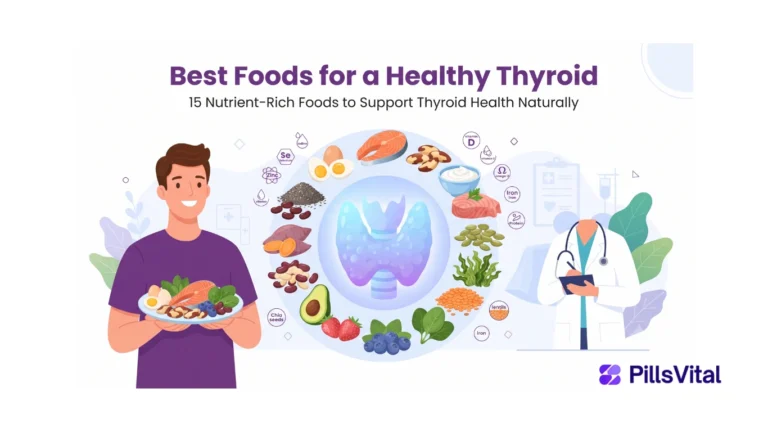 Flat vector illustration showing the best foods for a healthy thyroid, including eggs, salmon, Brazil nuts, Greek yogurt, spinach, berries, pumpkin seeds, avocado, and other nutrient-rich foods that support thyroid function naturally.