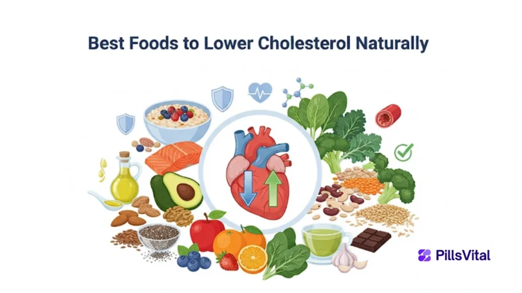 Best Foods to Lower Cholesterol Naturally: A Complete Heart-Healthy Diet Guide (2026) Best foods to lower cholesterol naturally including oats, salmon, nuts, olive oil, fruits, vegetables, legumes, and other heart-healthy foods that help reduce LDL cholesterol.