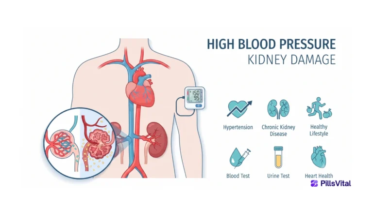 Can High Blood Pressure Damage Your Kidneys? Flat vector illustration showing how uncontrolled high blood pressure damages kidney blood vessels and increases the risk of chronic kidney disease.