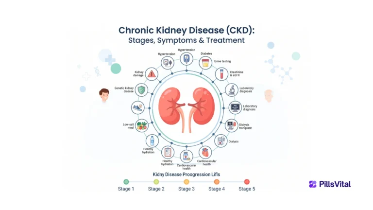 Chronic Kidney Disease (CKD): Stages, Symptoms & Treatment Flat vector illustration showing chronic kidney disease (CKD), healthy kidneys, CKD stages, diagnosis with blood and urine tests, dialysis, kidney transplant, healthy lifestyle, and medical treatment.