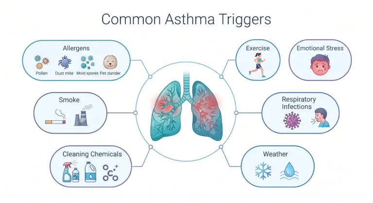 Flat vector infographic showing pollen, dust mites, smoke, mold, pet dander, exercise, weather changes, and stress as asthma triggers.