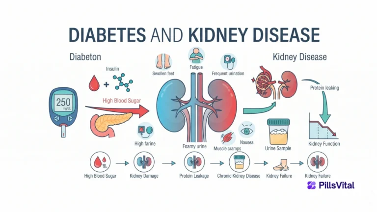 Diabetes and Kidney Disease: Understanding the Connection Flat vector illustration showing the connection between diabetes and kidney disease, including high blood sugar damaging the kidneys, protein leakage, diabetic kidney disease progression, and kidney health protection.