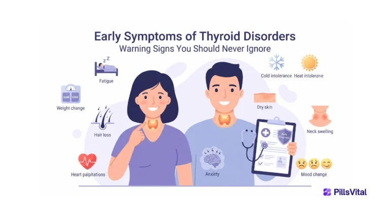 Flat vector illustration showing the early symptoms of thyroid disorders, including fatigue, weight changes, hair loss, neck swelling, heart palpitations, anxiety, and temperature sensitivity.