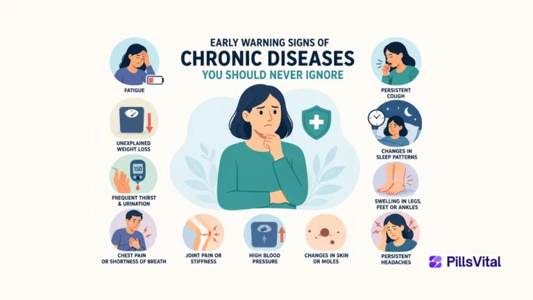 Early Warning Signs of Chronic Diseases You Should Never Ignore Early warning signs of chronic diseases flat vector illustration showing fatigue, chest pain, weight loss, poor sleep, high blood pressure, and persistent cough.