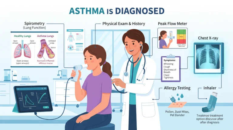 Medical illustration showing spirometry, peak flow meter, allergy testing, chest X-ray, and lung examination for asthma diagnosis.