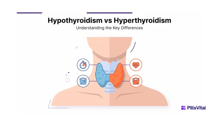 Flat vector illustration comparing hypothyroidism vs hyperthyroidism, showing thyroid gland with symptoms of underactive and overactive thyroid.