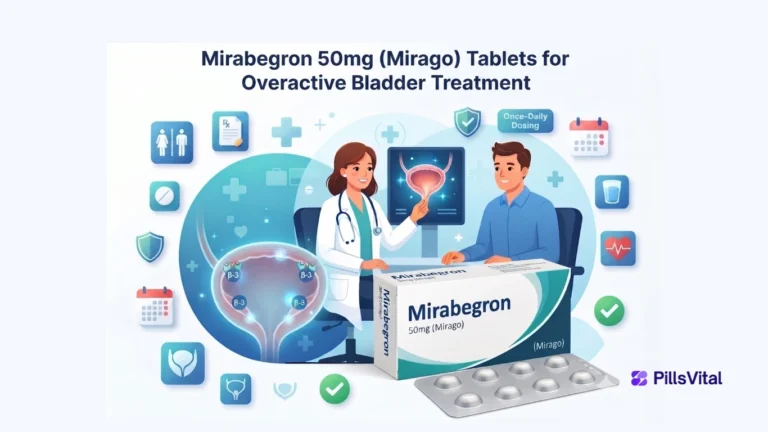Mirabegron 50mg (Mirago): A Complete Guide to Better Bladder Control Flat vector illustration of Mirabegron 50mg (Mirago) tablets with a healthcare professional explaining overactive bladder treatment and improved bladder control to an adult patient.