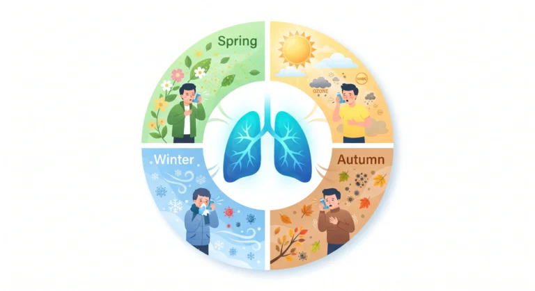 Flat vector infographic showing spring, summer, autumn, and winter asthma triggers.
