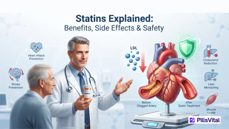 Doctor explaining statins with healthy heart, cholesterol reduction, artery comparison, and benefits, side effects, and safety infographic.