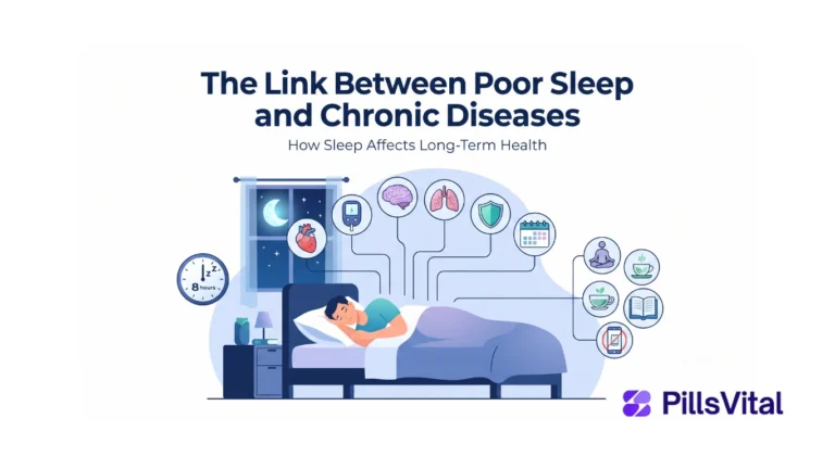 The Link Between Poor Sleep and Chronic Diseases flat vector illustration showing healthy sleep habits and their impact on heart health, diabetes risk, immunity, and overall wellness.