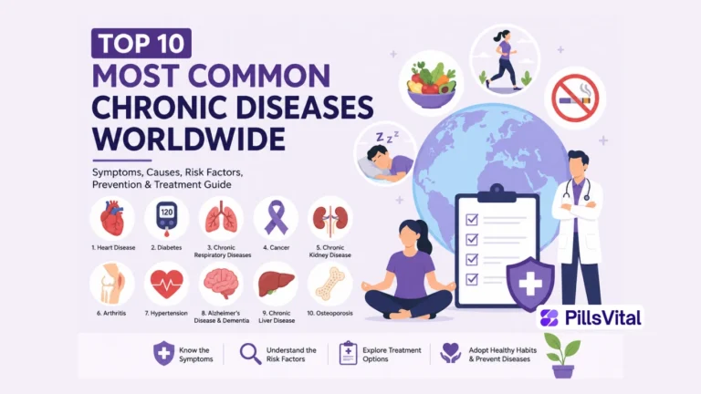Top 10 Most Common Chronic Diseases Worldwide(2026 Guide) Flat vector illustration showing the top 10 most common chronic diseases worldwide, including heart disease, diabetes, cancer, hypertension, kidney disease, arthritis, asthma, liver disease, Alzheimer's disease, and osteoporosis.