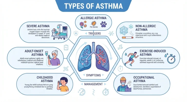 Healthcare infographic illustrating allergic, non-allergic, exercise-induced, occupational, childhood, adult-onset, and severe asthma.