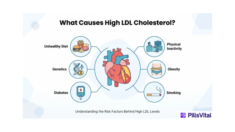 Flat vector illustration showing the main causes of high LDL cholesterol, including unhealthy diet, lack of exercise, obesity, smoking, diabetes, and genetics around a heart with plaque-filled arteries.